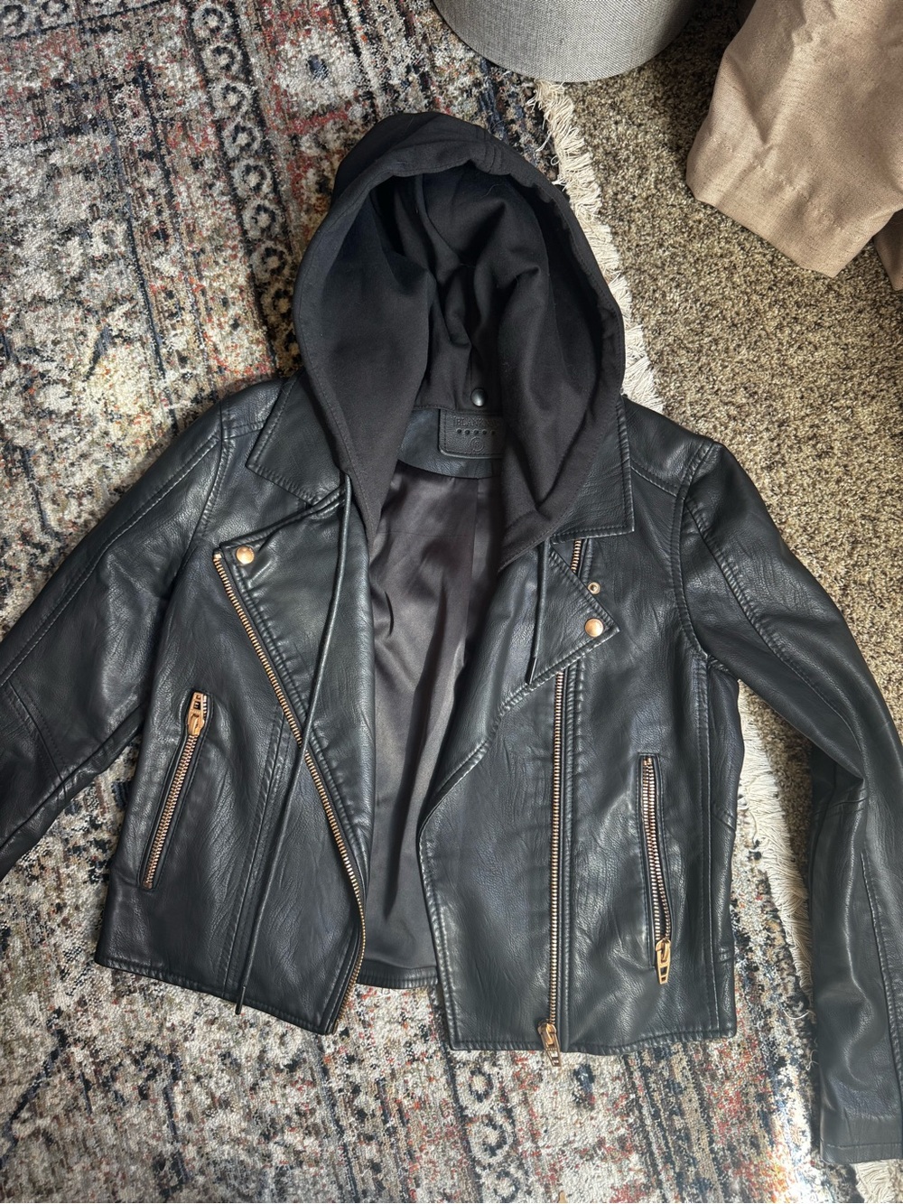 Blank NYC Black Faux Leather Hooded Moto Jacket with Gold Hardware - Picture 2 of 8